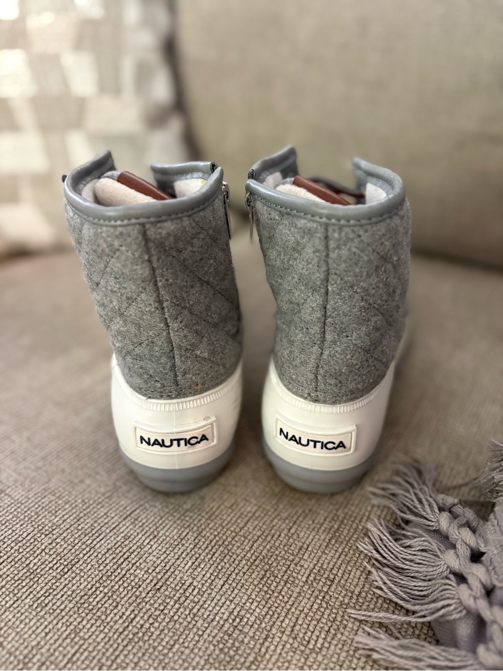 Nautica Gray Felt and White Rubber Duck Boots with Brown Accents - Picture 3 of 7